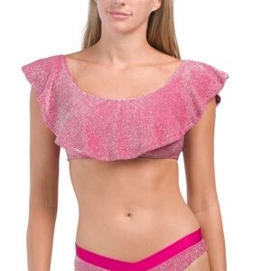 Trina Turk [Size 10] Pink Cosmos Glitter Off the Shoulder Bikini Swim Top - EUC